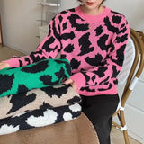 New 2021 Women Autumn Winter Sweaters Knitted Elegant Leopard Warm Fashionable Oversized Vintage Lady Tops