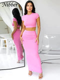Basic 2 Piece Set Women Tracksuit Hipster Solid Casual Short Sleeve O-neck T-shirts+Matching Hip Skirt Bare Midriff Suit-Outfit