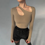 Fongt Hollow Collar Solid Color Onesie, Sexy Hot Girl Fashion Slim Long-Sleeved