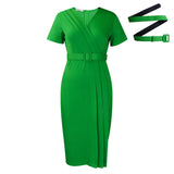 Fongt Women's 2025 Summer New Short-Sleeved V-Necked Waist Solid Color OL Tongle Pencil Dress African Dress