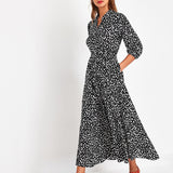 Polka Dot Chiffon Dress Women Turn-down Collar 3/4 Sleeve Belt Elegant Ladies Midi Dresses Boho Casual Long Shirt