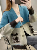 Splices Sweater Cardigan Jackets Women Letter Print Slim Knit Coat Casual Soft Knitwear Gilet V-neck Malhas Abrigos