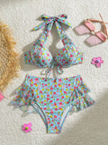 2024 New Small Fresh Print High-Waisted Fly-Side Swimsuit Bikini