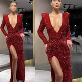 Fongt Women's Sexy One-Shoulder Long-Sleeved Embroidered Dress Open Fork Long Dress INS