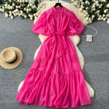 Fongt Lantern Sleeve Strap With Waist Single Buckle Dress + Inside The Sling Dress Suit