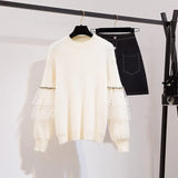 Winter Korean Casual two-piece set For Women Mesh Patchwork Knitted Sweater And Skirts Suits Sweet Female 2PCS