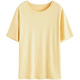 Round Neck Short Regular Sleeve T-shirt Loose Straight Midweight Office Lady Solid Yellow Drape Short