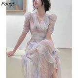 French Style Women Elegent Party Midi Print Dress Female Fashion A Line Holiday Clothes