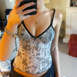Harajuku Print Sleeveless Crop Top Casual Patchwork Mesh V Neck Camisole Women Summer Cute Vest Y2k Aesthetic Ladies Tees-Outfit