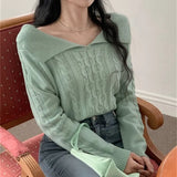 New 2022 Chic Korean Fashion Off Shoulder Sweater Knitted Women Autumn Winter Elegant Lady Short Pink Tops