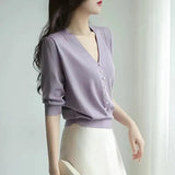 Pearl Button Knit Tops Women Candy Color V-neck Summer Tshirts V-neck Half Sleeve Tee Slim Knitwear Jumper Casual