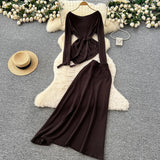 Fongt Temperament Wears A Female Autumn And Winter Design Sense Of Irregular Strap To The Waist Long-Sleeved Knitted Shirt + High Waist Half-Dress