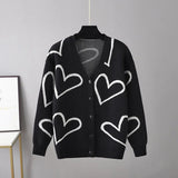 Women's Knitting Print Sweater Color Heart Single-Breasted Button Loose Casual Knitted Cardigan Sweaters Autumn V-neck