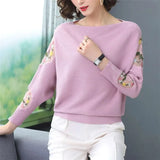 Embroidery Batwing Sleeve O-Neck Spring Sweaters Women Casual Loose Knitted Pullovers Large Size Knitwear Tops