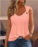 Fongt Summer Fashion Sexy Simple Metal Button V-Neck Sleeveless Women's Solid Color Sweet