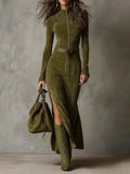 Fongt New Retro Modern Collar Zipper High Open Forked Waist Temperament Famous Style Dress