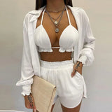Fongt New Sexy Women's Pure Color Shorts Fashion Three-Piece Set