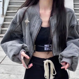 Y2k Grunge Cross Crop Grey Denim Jackets Women Hippie Streetwear 90s Oversize Zip Jackets Harajuku Kpop Coat