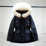 Huge Real Raccoon Fur Hooded Waterproof Winter Duck Down Jacket Women Fashion Female Parkas Sash Tie Up Puffer
