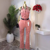 Fongt Denim Panties Femininity Hanging Neck Sleeveless Backs High Waist Slimmed Denim Jumpsuit