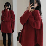 Fongt Push Pullover Sweater Female Autumn Winter Wear Long Lazy Retro Slit Knit Winter Thickening-Outfit