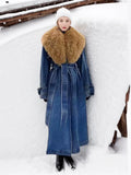 Fongt Temperament Long Trench Coat Spring 2024 New Removable Wool Collar Small Design Sense Denim Coat-Outfit