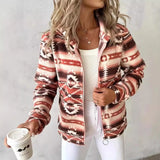 Fongt Large-Size Fashion Casual Casual Women's Loose Geometric Pattern Print Hooded Zip-Down Jacket Woman