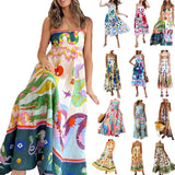 Fongt Summer Women's New Temperament Elegant High-Waist Print Slings Casual Fashion Dress