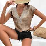 Fongt Lace V-Neck T-Shirt With Vertebry Loose Short-Sleeved Topess Commuting Style Women's Clothing