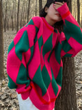 Winter Women Oversize Pullovers Casual O-neck Loose Sweater Knitted Pullover Streetwear Plaid Sweater for Women Coats-Outfit