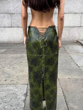 Pu Artificial Leather Lace-Up Straps Back High Slit 2023 Autumn Winter Sexy Vintage Clubwear Body-Shaping-Outfit
