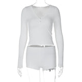 Fongt Women's Sexy Low Cut V-Neck Tight Long Sleeve Top Fashion Sporty Short Shorts Two-Piece