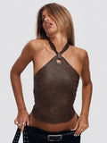 Fongt Retro Brown Leather Ring Decoration Hanging Neck Vest Sexy Back Strap Strap Short Top