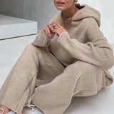 Knitted Sweat Suits Women Matching Sets Long Sleeve Hoodie+wide-legged Pants Loungewear Sweater Set Two Piece