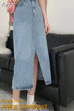 Waist Skirts Women Retros Denim Sexy Split Solid Summer Mid-calf Faldas All-match A-line Fashion Preppy Korean Style