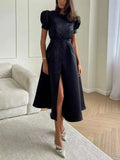 Women's Summer Dress with Botton White Elegant Office Ladies Split Short Sleeve A-Line Chic Holiday Party Maxi Dresses for Women-Outfit