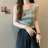 Fongt New Retro Small Vest Women Wear Chic Print Slime Sleeveless Knitting