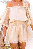 Off Shoulder Loose Chiffon Rompers Overalls Women Casual Beach Wide Leg Blue Playsuits Plus Size Ruffle Summer
