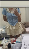 Sailor Collar Bow Slim Fit Blue Jk Tops Women+ Y2k E-Girl High Waist Ruched Cake Skirts Summer New Two Piece Sets-Outfit