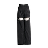 Fongt New Fall 2024 Mid-Waist Straight Tube Long Thigh Hollow-Out Jeans-Outfit