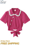 Plaid Shirt Kawaii Peter Pan Collar Preppy Style Women's Blouses Sweet Short Sleeve Bow Tops 2023 Summer Fashion