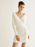 Fongt New Women's Fashion Temperament Cross V-Neck Bat Pack Hip Knitted Dress