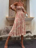 Fongt Spring And Summer New Print Open Shoulder With Chest Sexy Rest Lotus Leaf Sleeve Dress 8058-Outfit