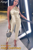 Pu Faux Leather Y2K Clothes One Shoulder Sleeveless Backless Bodycon Skinny Jumpsuit For Women Club Streetwear