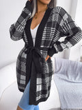 Fongt Wind Autumn And Winter Lattice With Lantern Sleeve Casual Cardigan Sweater Coat Women's Clothing