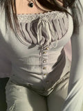 Y2K Sweet Cute Crop Top Lace Frill Bow Pullovers Vintage Square Collar T Shirt Women Skin Button Prepply Korean