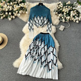 New Advanced Casual Women's Elastic Long Sleeve Pleated Top+High Waist Pleated Half Skirt Printed Skirt 2-piece Set-Outfit
