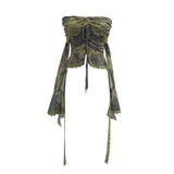 Fongt Old-Fashioned Green Shoulder Horn Sleeve Blouse Dye Net Yarn Lace Draw Rope Short T-Shirt 8010