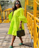 Solid Midi Dress 2022 African Women Summer Dresses Casual Puff Sleeve Pleated Ruffled Hem Bohemian Vestidos Robe Africaine
