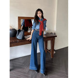 Fongt Kong Style Retro Dark Blue Loudspeaker Jeans Women 2025 Spring And Autumn High Waist Hanging Feeling Drag Broad Legs Long Pants
